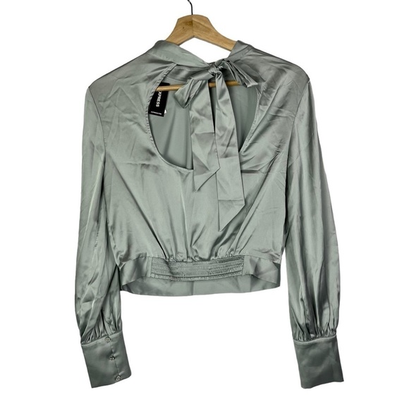 Express Sage Green Satin Open Back Long Sleeve Blouse XS - Picture 2 of 4